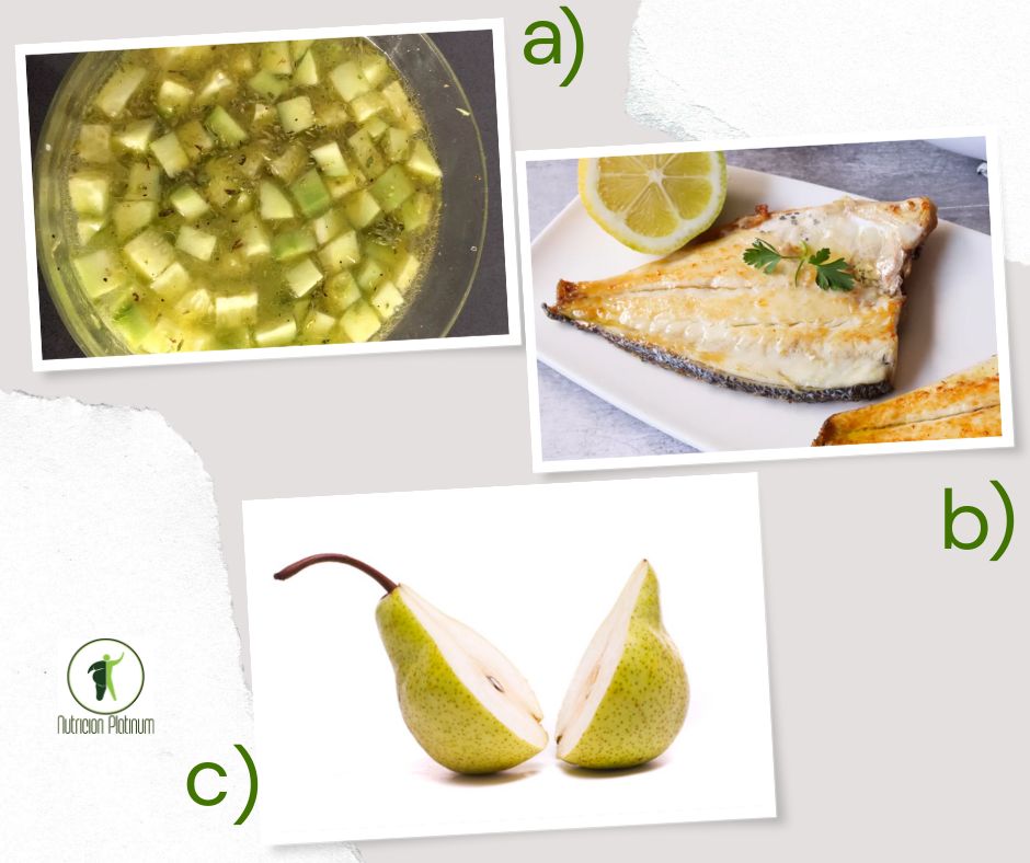 Gazpacho con dorada a la plancha y 1 pera tamaño de PUÑO